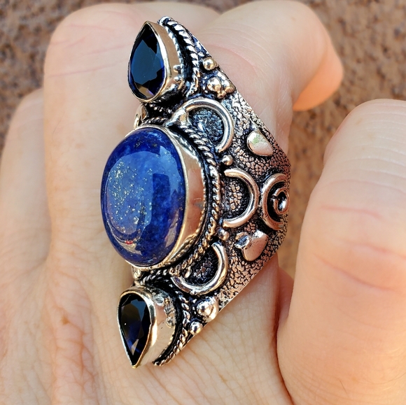 New Lapis Lazuli & Blue Topaz 925 Silver Statement Ring. - Picture 14 of 15